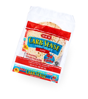 A bag of H-E-B Carb Sense tortillas